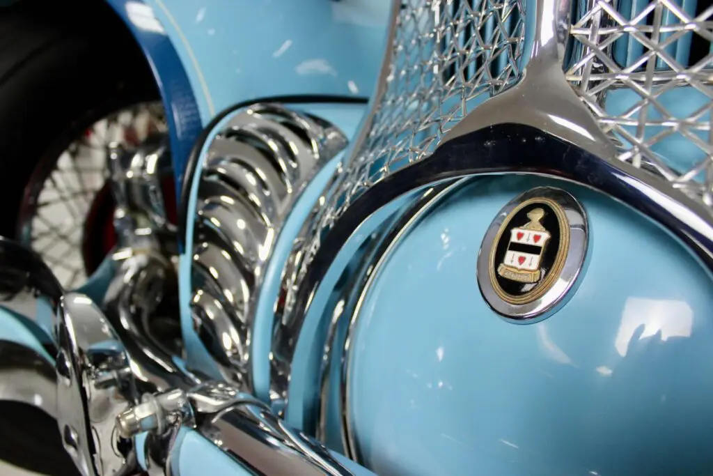 Detail of a blue Cord L-29. The coat of arms logo can be seen.