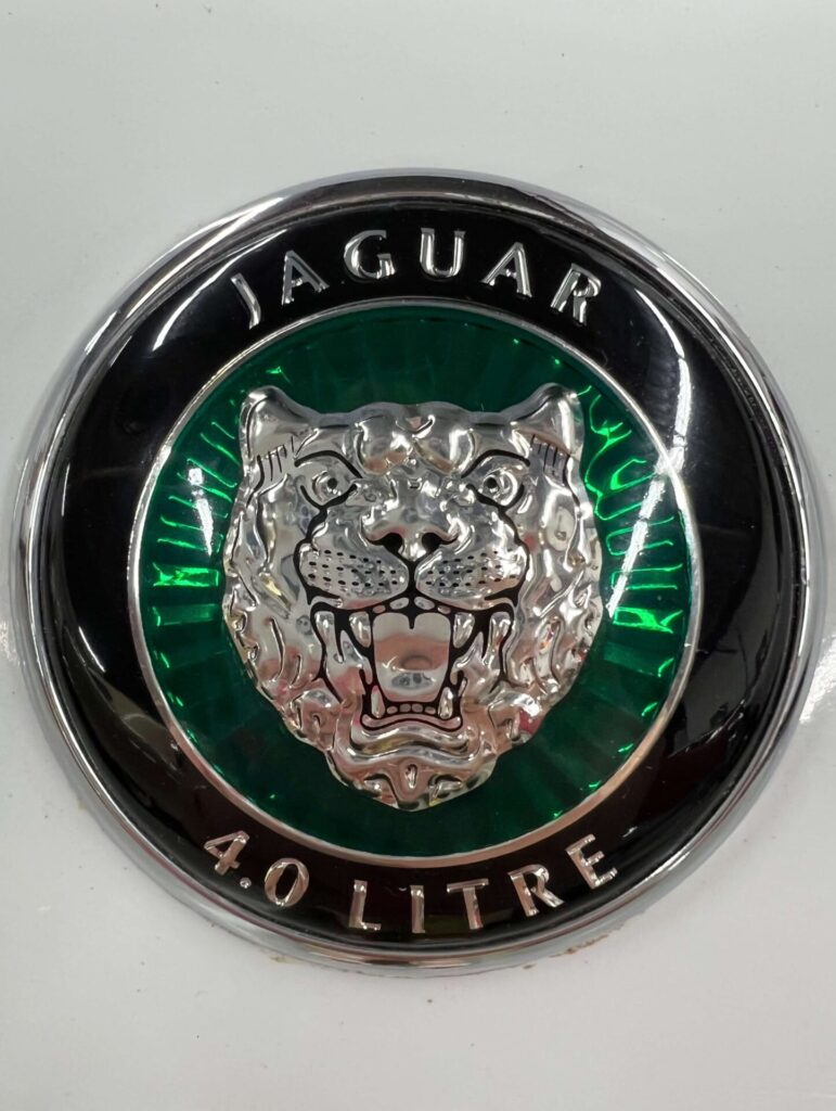 Close up of a more modern Jaguar logo. Jaguar was created by William Lyons