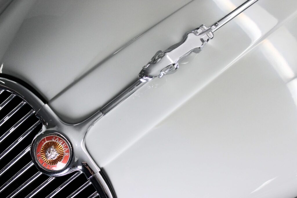 Top view of a jaguar mascotte on a white Jaguar XK150, derived from Lyons' XK120