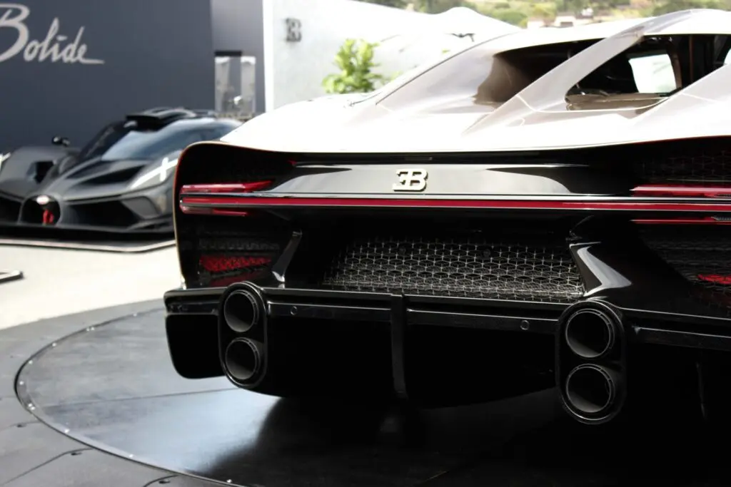 The back side of a golden Bugatti