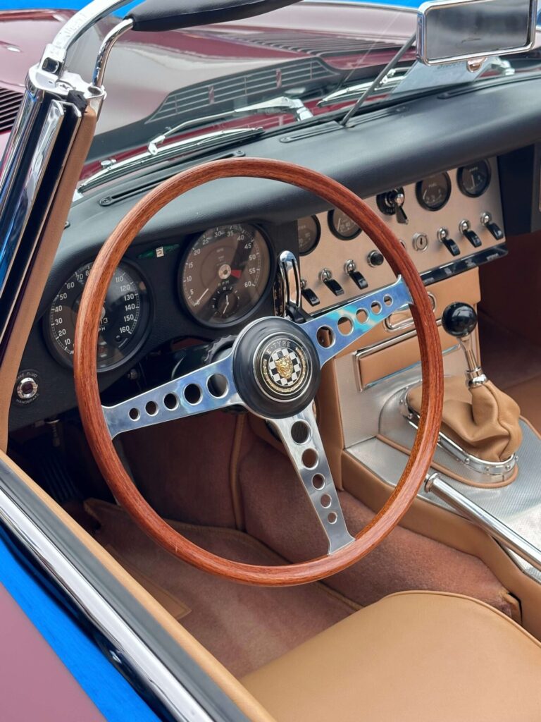 Close up of the wheel of a Jaguar E-type, the last car fully produced by Lyons