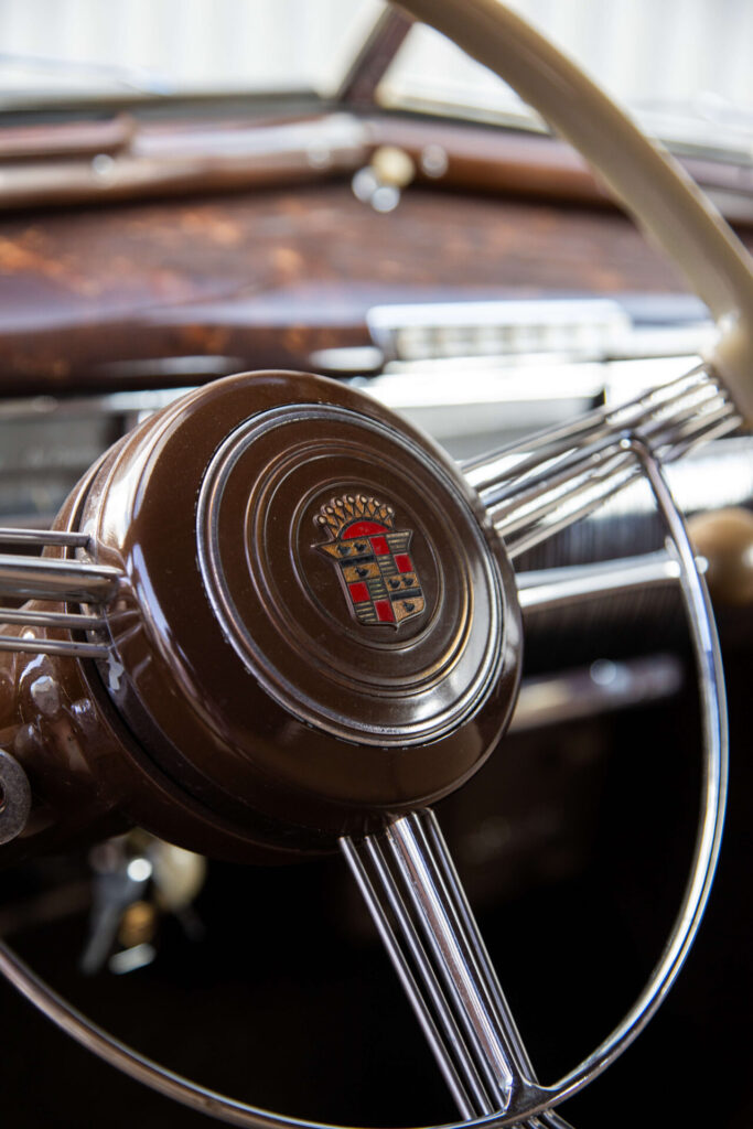 Close up of a Cadillac steering wheel. The logo is seen in the middle and part of the rest of the dashboard is seen out of focus in the background.