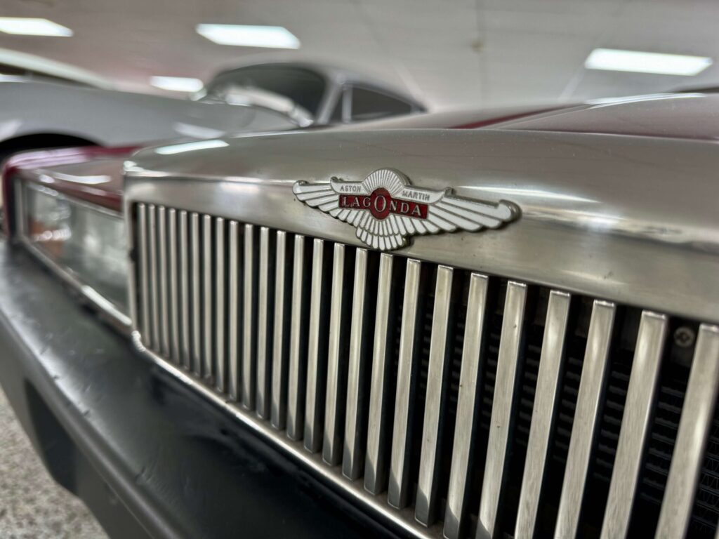 Close up of the logo of a Aston Martin Lagonda